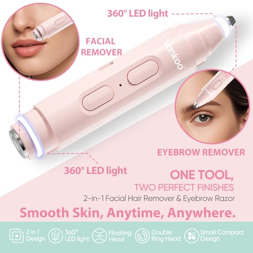 Facial Hair Remover & Eyebrow Trimmer - 2 in 1 Eyebrow & Face Shaver for Women - Rechargeable Face Razors for Women with Built-in LED Lights - Painless Hair Removal for Flawless Skin & Makeup
