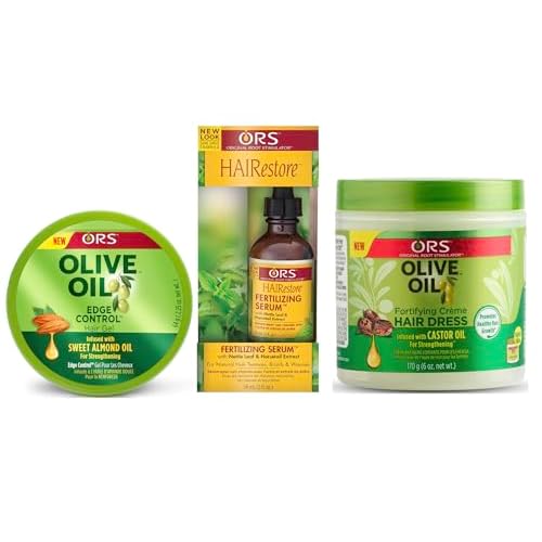 ORS Olive Oil Edge Control Hair Gel, HAIRestore Fertilizing Serum with Nettle Leaf and Horsetail Extract, Olive Oil Fortifying Cream Hair Dress - Bundle
