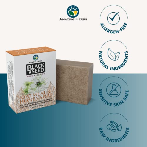 Amazing Herbs Black Seed Soap - 100% Pure Cold-Pressed Black Cumin Seed Oil, All Natural, Free of Colors, Dyes, & Fragrances - Black Seed Oatmeal & Honey Soap, 4.25 Oz (Pack of 3)