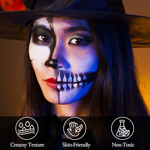 Halloween Makeup Kit for Adult Kids, Black White Red Face Paint for Zombie Skeleton Clown Makeup with 4 Brushes, 2 Sponges, 6 Tattoos, Oil-based Face Painting Kit for Halloween Costume, Theme Cosplay
