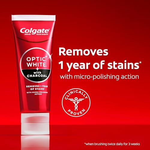 Colgate Optic White Charcoal Whitening Toothpaste 3 Pack 3.8 oz - Enamel Safe, Fresh Mint