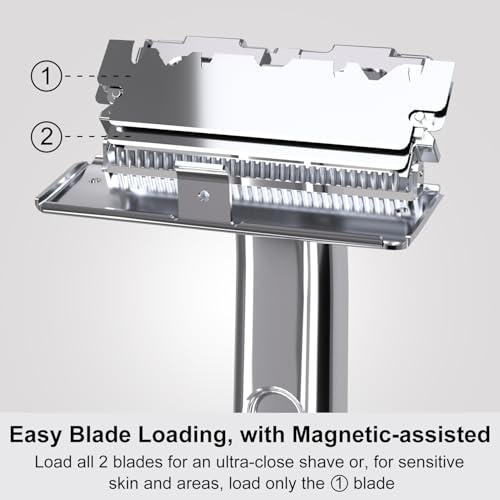 Dual-Blade Safety Razor with Pivoting Head, Reusable Metal Razors for Men, with 20 Double Edge Blades and Stand, Smooth Close Clean Shave, Silver