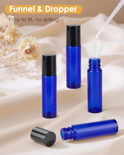 Blue Refillable 10ml Essential Oil Roller Bottles - 4 Pack with Funnel