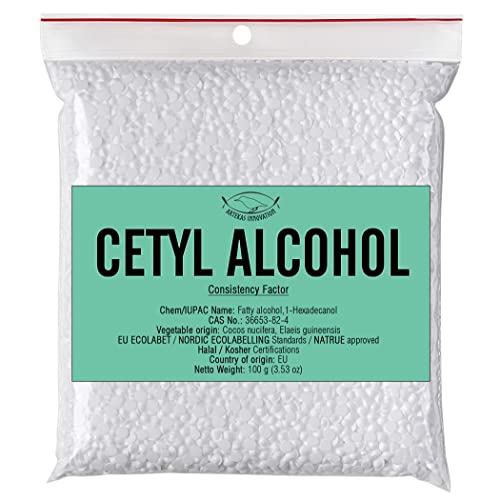 Cetyl Alcohol for Homemade Cosmetics, Lipsticks, Body Butter Bars, Hand Lotions, Hair Conditioners, Shampoo ? Thickening Agent, Emulsifier, Viscosity Regulator - 3.53 oz
