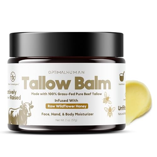 O H Optimal Human Raw Wildflower Honey Balm (2 Oz) ? 100% Grass-Fed Beef Tallow Balm - Body and Face Tallow Moisturizer - Non-Comedogenic, Ultra-Clean Formula For Moisture and Hydration