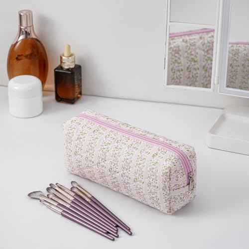 Cute Floral Cotton Makeup Brush Cosmetic Bag for Women, Travel Quilted Zipper Make Up Bag, Flowers Toiletry Organizer Case Kawaii Makeup Cosmetic Travel Cloth Pouch (Pink Floral)