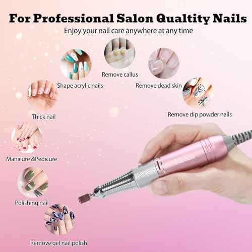 Professional Nail Drill File 45000RPM Electric Portable Nails Drills Kit with Rechargeable 7 u?as Bits Cordless Efile for Poly Gel Acrylic Nails Remover Home Salon Pedicure Manicure Tool (Rose Pink)