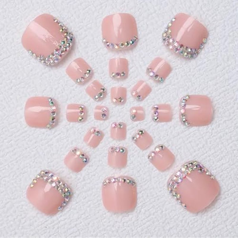 Pink Press On Toenails 24Pcs French Tip Acrylic Kit