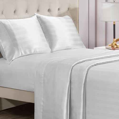 Juicy Couture Silky Satin Damask Sheet Set - Luxury White Bedding - Smooth Striped Sheets - Twin Size