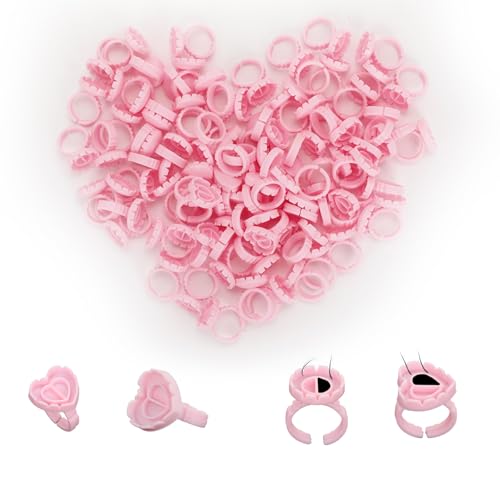 200 Pcs Pink Glue Rings for Eyelash Extensions, Heart & Round Shape Disposable Lash Glue Holder with V-Notches, Salon & Home Use