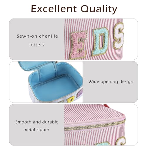 Chenille Letter MEDS Makeup Bag,Large Size Striped Medicine RX Cosmetic Bag with Top Handle, Aesthetic Seersucker First Aid Travel Organizer Bag for Women Girls(05Pink)