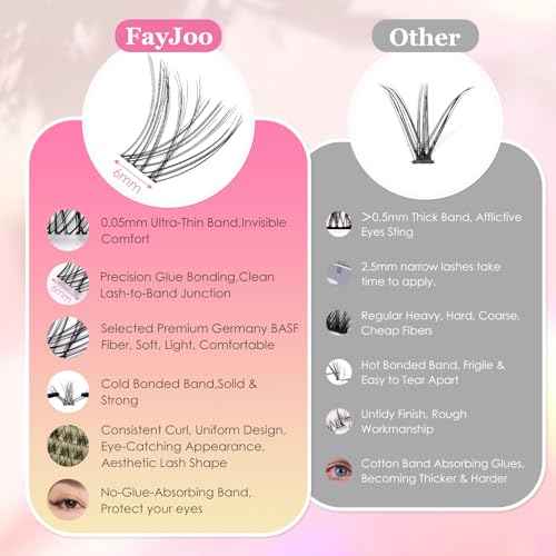 Natural Wispy Soft Lash Clusters Kit with 0.05mm Invisible Band, C Curl 8-16mm, DIY Salon Eyelash Extensions with Bond Seal Remover Tweezer, FayJoo AIRY 11 Kit