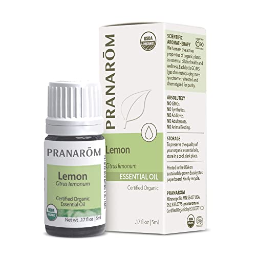 Pranarom USDA Certified Organic Lemon Essential Oil (5ml), 100% Pure Undiluted Therapeutic Grade from Argentina for Aromatherapy, Diffuser, DIY, Cleaning, Fresh Lemon Scent