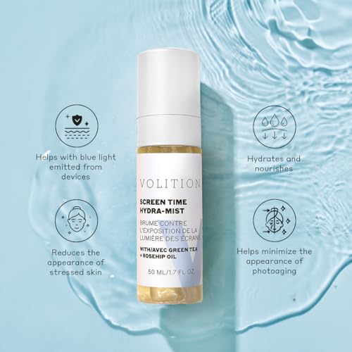 Volition Beauty Screen Time Hydra-Mist with Green Tea + Rosehip Oil | Moisturizing Facial Mist Helps Reduce Look of Fine Lines from Photoaging | Calms Redness, Nourishes & Soothes | Vegan