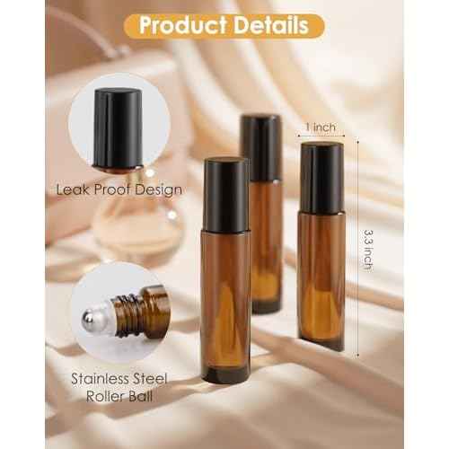 25 Pack Essential Oil Roller Bottles, 10ml Refillable Amber Glass Roller Bottles with Stainless Steel Roller Balls and Caps for Travel, Perfume and Lip Gloss