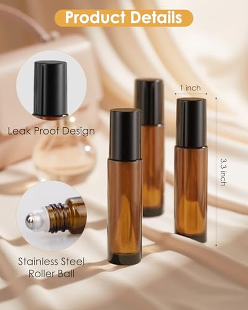 10ml Amber Glass Roller Bottles, 4-Pack Essential Oil Set