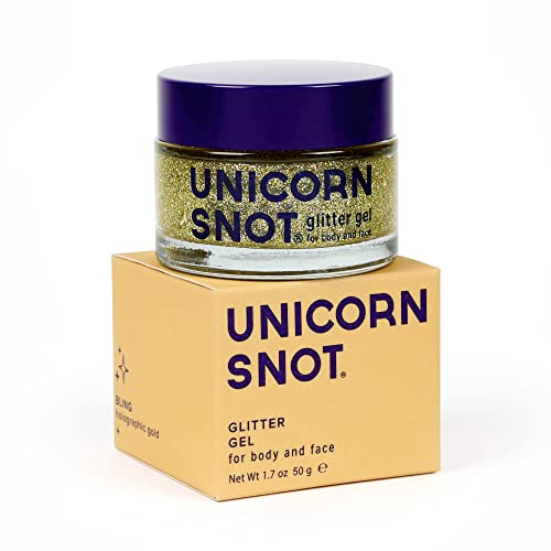 Unicorn Snot Face & Body Glitter - Cosmetic-Grade Holographic Glitter Gel - Glitter Makeup for Festivals, Raves, Anime Cosplay - Safe for Face, Easy Application & Removal, 1.7oz Gold Glitter (Bling)