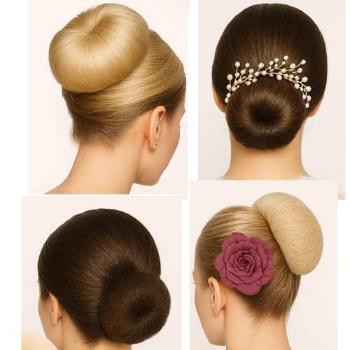 Brown Hair Bun Maker Set - 3 Medium Donuts & Elastic Bands for Kids & Women