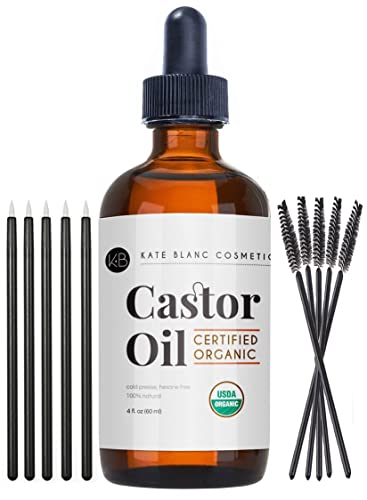 Kate Blanc Cosmetics Organic Castor Oil (4oz). 100% Pure, Cold Pressed, Hexane Free in a Glass Bottle. Stimulate Growth for Eyelashes, Eyebrows, Hair. Skin Moisturizer & Oil Cleanse with Starter Kit