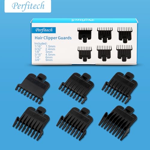 6Pcs Hair Clipper Guards Compatible with Baybliss FX787 and Andis T Outliner G, GO, GTO, ORL, LS2, LS3, PLS, PMT-1, RT-1, SLII, Trimmer Guards Replacement - 1/16" to 3/8", Black Color