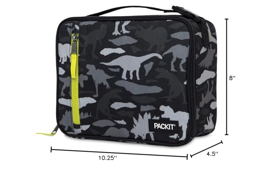 PackIt Freezable Classic Lunch Box, Dino Camo Charcoal, Built with EcoFreeze Technology, Collapsible, Reusable, Zip Closure With Zip Front Pocket and Buckle Handle, Designed for Lunches