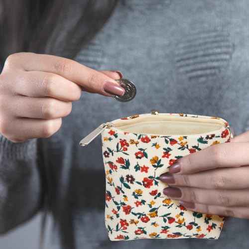 Abbylike 4 Pcs Floral Makeup Bag Corduroy Cosmetic Bag with Zipper Portable Small Pouches for Purse Toiletry Mini Pouch Cute Mini Makeup Purse for Coin Essentials Items Women(Elegant)