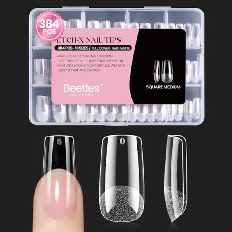Beetles Gel Nail Tips - 384pcs Square Medium, Pre-Etched Half Matte