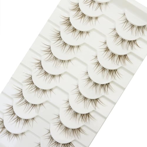 DAODER Brown Mink Lashes Natural Look Clear Band Cat Eye Strip False Eyelashes Brown Wispy Eyelashes 13mm Short Anime Lashes Reusable Light Lash Pack 10 Pairs(Brown Cat Eye)