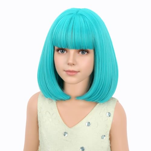 PATTNIUM Kids Teal Blue Short Wig with Bangs for Girls, Cosplay Costume Hair