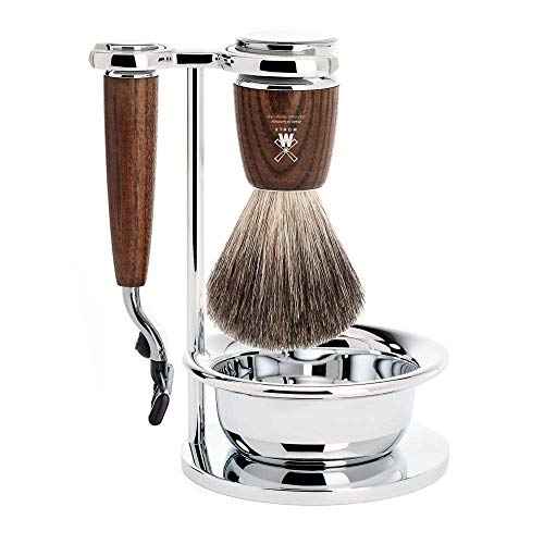 M?HLE RYTMO Steamed Ash 4-Piece Pure Badger 3-Blade Razor Modern Luxury Wet Shaving Set - Perfect for Every Day Use, Barbershop Quality Close Smooth Shave