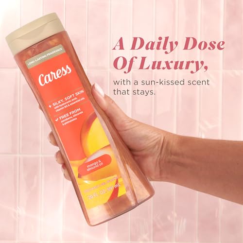 Caress Mango & Almond Oil Body Wash, Hyaluronic Acid & Vitamin B3 for Moisturized, Silky Soft Skin, Long-Lasting Tropical Fragrance, 20 fl oz (4 Pack)