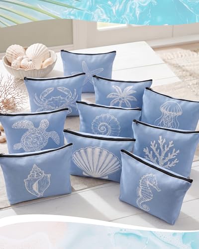 Coastal Ocean Themed Cosmetic Bag Set - 10 Pcs Beach Inspired Makeup & Toiletry Pouches