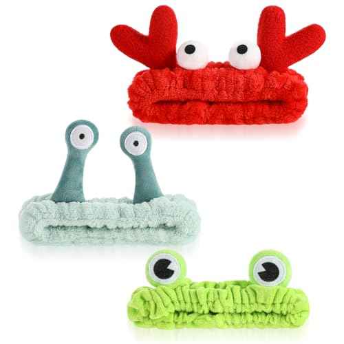 3Pcs Face Wash Headband Cute, Soft Spa Headband for Washing Face, Coral Fleece Elastic Frog Crab Snail Head Band, Cartoon Makeup Headbands for Women, Fun Face Wash Headbands for Women Skincare Shower