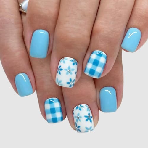 Blue Checkered Press On Nails Short Square 24Pcs