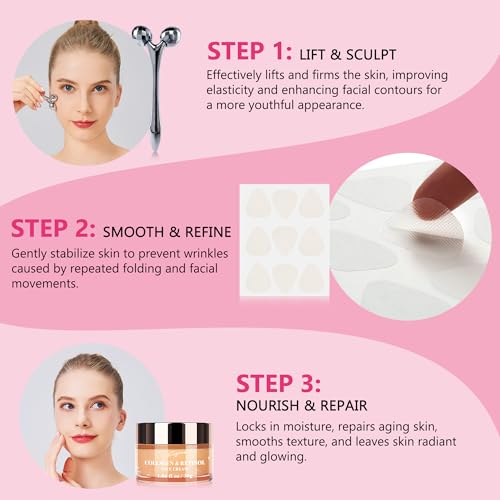 Wrinkle Patches for Face Overnight ? Anti Wrinkle Facial Patches with Retinol Collagen Cream & Face Massager Kit for Forehead, Frown, Smile Lines & Crow¡¯s Feet