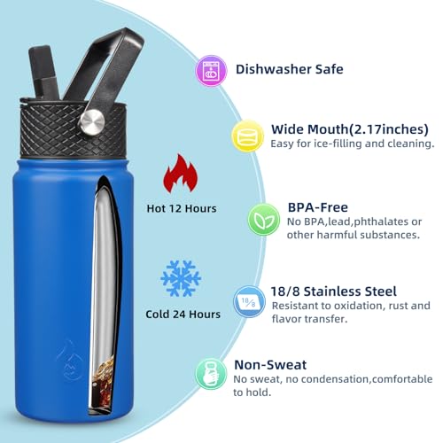 BJPKPK Insulated Water Bottles with Straw Lid, 18oz Stainless Steel Metal Water Bottle, Cold & Hot Water Bottle with 3 Lids, Leak Proof BPA Free Travel Cup, Wide Mouth Flasks, Thermos -Sapphire