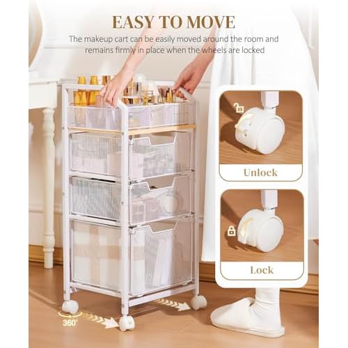 Homde Rolling Makeup Organizer with Drawers: Skincare Storage Cart with Wheels for Home Bedroom Vanity - Cosmetic Display Holder for Beauty Enthusiasts Makeup Artists