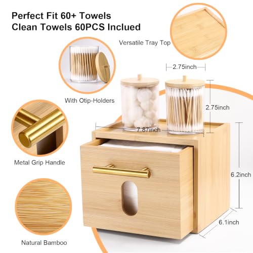 BSSN Bamboo Disposable Face Towel Holder Storage Drawer - Variation A, Includes 60 Towels & Cotton Holders