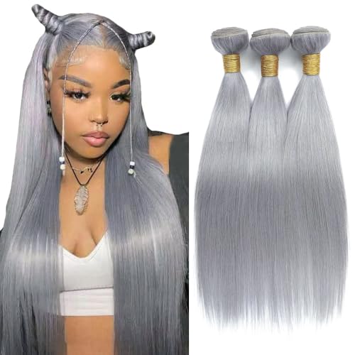 Fridnae 3 Bundles Grey Straight Brazilian Virgin Hair - 12, 14, 16 Inch