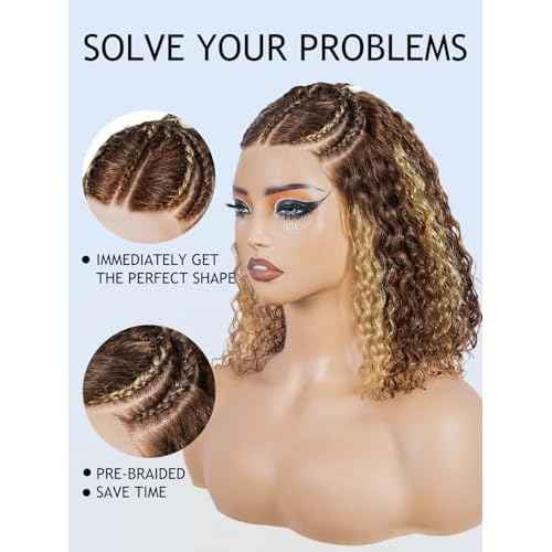 Ready to Go 13x4 Lace Front Wigs Human Hair Highlight 4/27 Braiding Curly Bob Wigs For Black Women Pre Plucked Pre Bleach Natural Hairline Water Wave Lace Front Wigs 200% Density 12 Inch