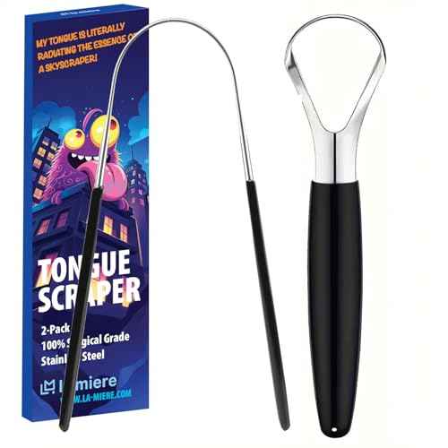 LA MIERE Tongue Scraper (2 Pack), 100% Stainless Steel, Easy to Use Tongue Scra per for Adults, Tongue Cleaner for Oral Care & Hygiene, Black