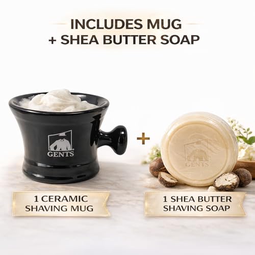 G.B.S GENTS Heavy Duty Black Ceramic Shaving Bowl, Mug with Natural Shave Soap ? for use with up to 3¡± Shaving Soaps and Lathering Shave Cream Cup ? Pommel Handle (Black)