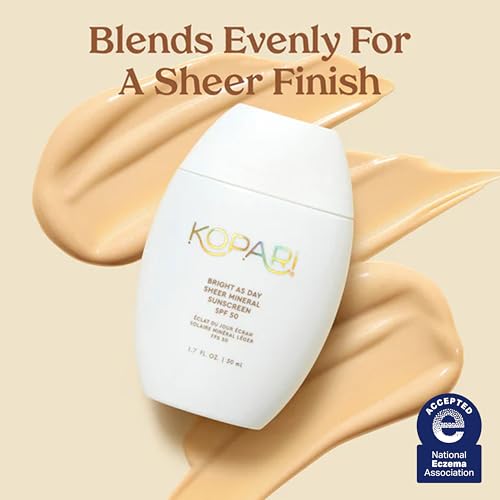 Kopari Bright as Day Sheer Mineral Sunscreen SPF 50, 100% Mineral Facial Sunscreen with Vitamin C & Niacinamide, Sheer Finish, All Skin Tones, 1.7 oz