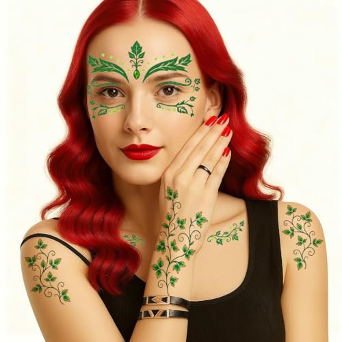 Ivy Face Sticker Set with Face Paint Temporary Tattoos and Green White Face Gems, Glitter Ivy Accessories for Halloween Costume, Cosplay Festival Makeup for Women Girls (A)