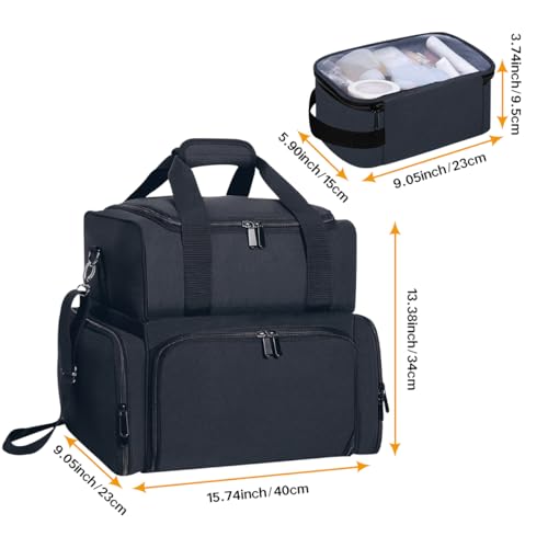 Large Cosmetic Bag with 4 Removable Case and 2 Removable Dividers Double Layer Travel Storage Organizer, Makeup Brushes Storage Section Black