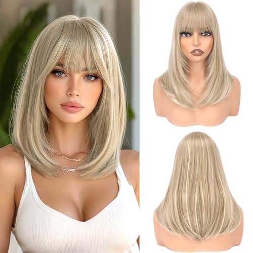 Haloo Blonde Bob Wig with Bangs 16 Inch Heat Resistant Synthetic
