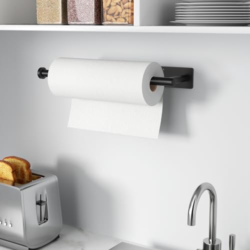 Paper Towel Holder - Self-Adhesive or Drilling, Matte Black Wall Mounted Rack - SUS304 Stainless Steel Kitchen Roll Holder Under Cabinet