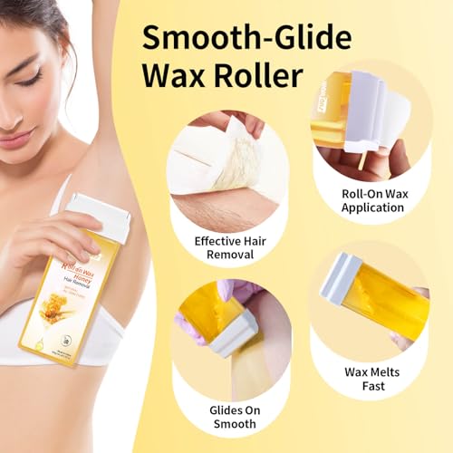 Waxfans Roll On Wax Refill,Wax Roller Refill for Hair Removal,Quick Melting - For Coarse and Fine Hairs.with 2 Honey Waxing Rollers, 50 Waxing Strips(Honey)