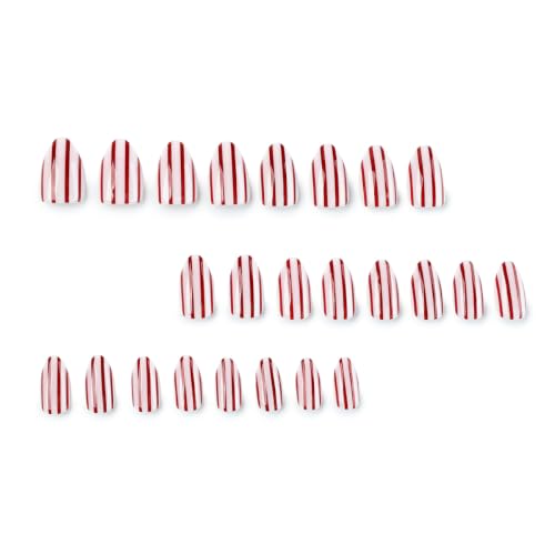 Red Striped Short Almond Press On Nails - 24Pcs Kit
