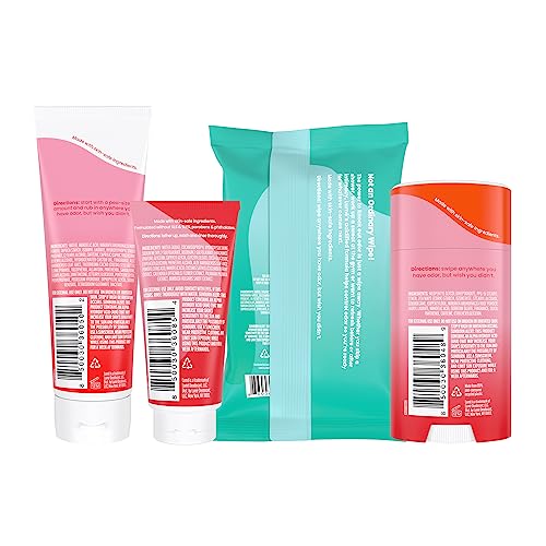 Lume Skin Care Gift Set for Women, Whole Body Deodorant Starter Pack - Smooth Solid Stick, Invisible Cream Tube, Acidified Body Wash Mini & Deodorant Wipes - Aluminum Free Odor Control (Peony Rose)